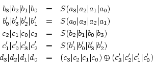 \begin{eqnarray*}
b_{3}\vert b_{2}\vert b_{1}\vert b_{0} & = & S(a_{3}\vert a_{2...
...}\vert c_{0})\oplus (c'_{3}\vert c'_{2}\vert c'_{1}\vert c'_{0})
\end{eqnarray*}