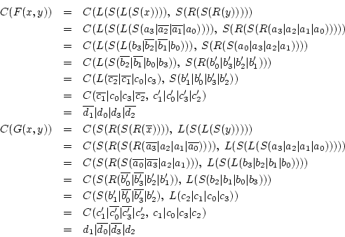 \begin{eqnarray*}
C(F(x,y)) & = & C(L(S(L(S(x)))),\; S(R(S(R(y)))))\\
& = & C(...
...& = & d_{1}\vert\overline{d_{0}}\vert\overline{d_{3}}\vert d_{2}
\end{eqnarray*}