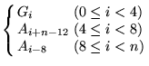 $\displaystyle \left\{ \begin{array}{ll} G_{i} & (0 \leq i<4)\ A_{i+n-12} & (4\leq i<8)\ A_{i-8} & (8 \leq i < n) \end{array}\right.$